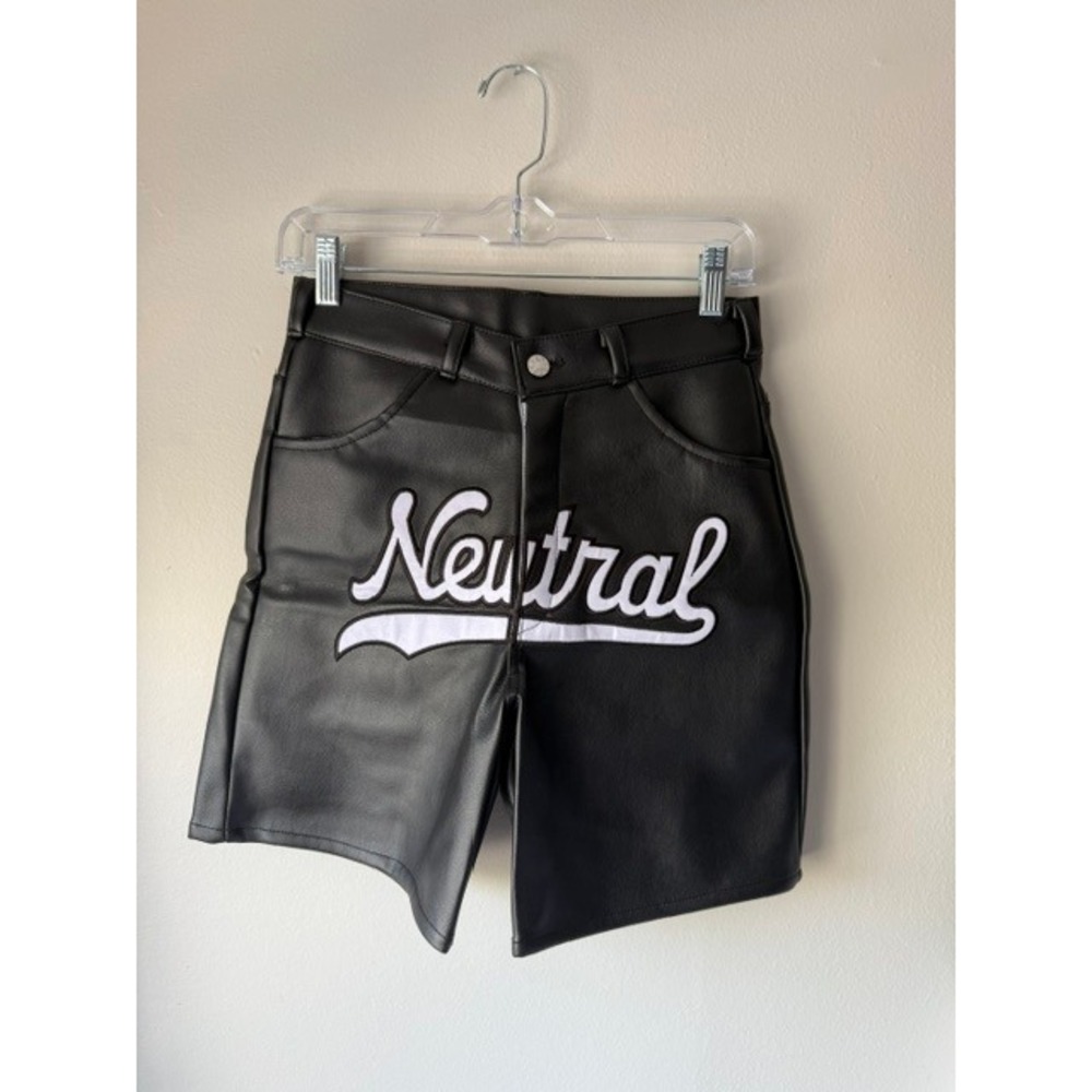Neutral Black Faux Leather Varsity Patch Shorts High Waisted Streetwear Mens